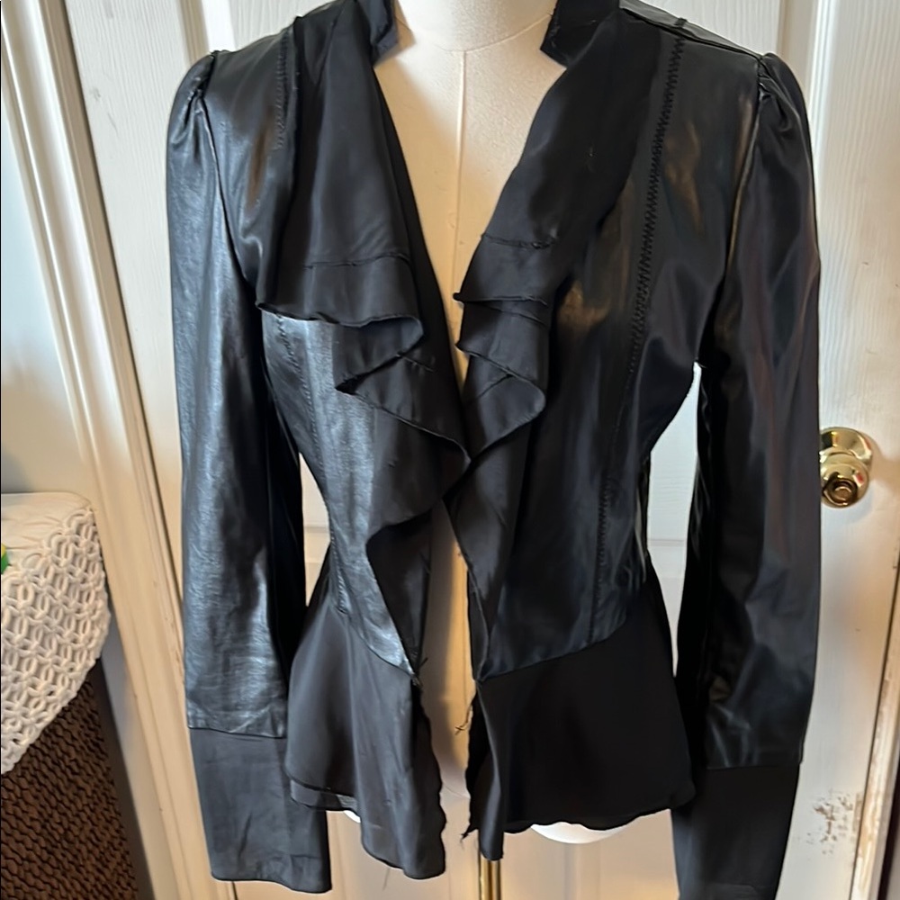 Black Leather Jacket with Ruffled Front